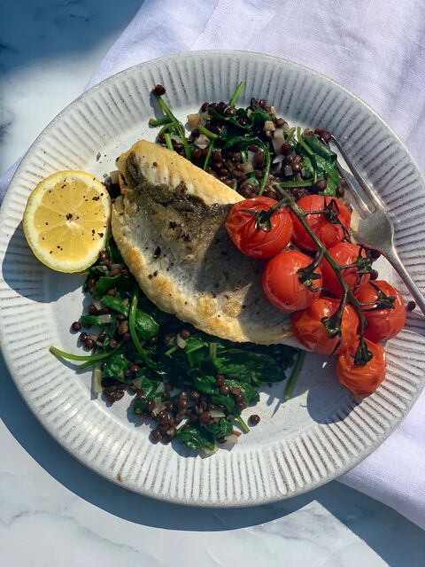 15 minute Sea Bass with Spinach & Lentils
