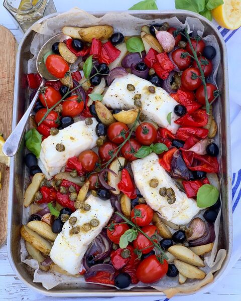 AD | Roasted Cod & Vegetable Traybake, with a Lemon & Caper dressing