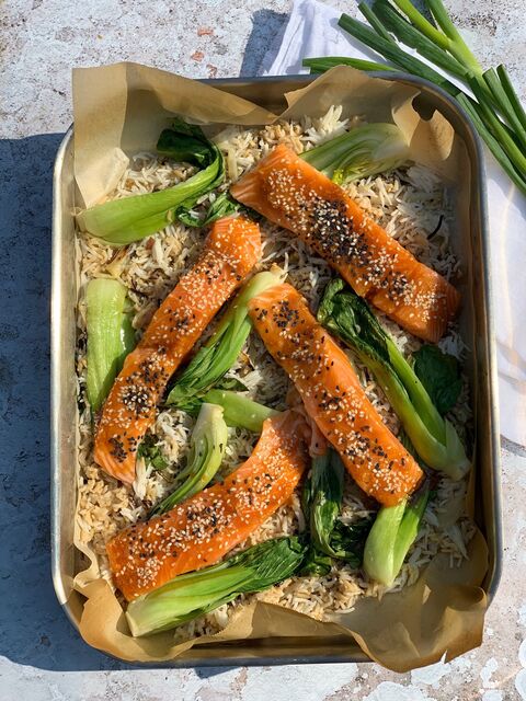 Asian Salmon Pak Choi & Rice Traybake