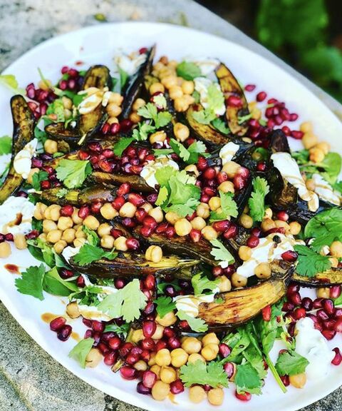Baby Aubergine Chickpea & Pomegranate Salad, with a Yogurt & Tahini Dressing