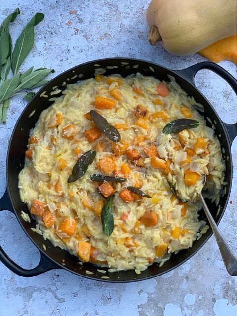 Butternut Squash, Orzo Risotto , with crispy sage leaves, cheese & truffle oil