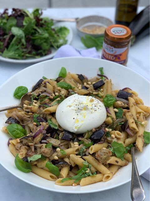 Chargrilled Aubergine Pesto Pasta with Burrata & Basil