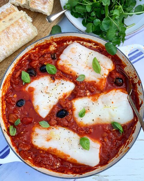 Hake in a Chorizo, Tomato & Olive Sauce