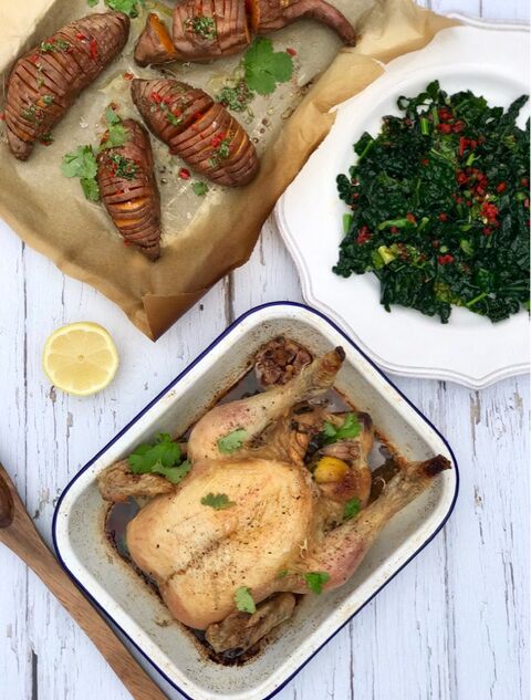 Midweek Roast Chicken, with Cavolo Nero & Sweet Potato Hasselbacks