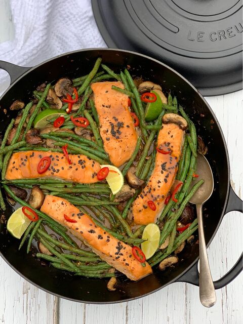 Miso Glazed Salmon with Green Beans & Mushrooms