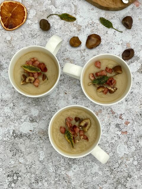 Parsnip Ginger & Cumin Soup Topped with Pancetta & Chestnuts