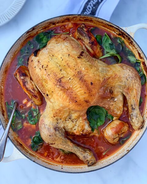 Pot Roast Chicken, with Tomatoes, Bacon, Smoked Paprika & Spinach