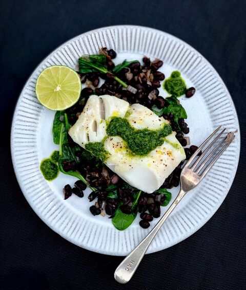 Roast Cod, with Black Beans & Gin Chimichurri