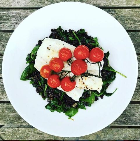 Roast Cod with Puy Lentils, Spinach & Vine Roasted Tomatoes