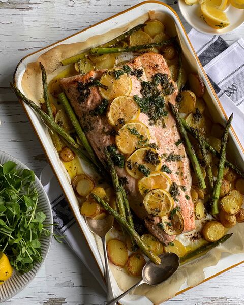 Roast Salmon Potato & Asparagus Traybake with a Lemon Mint Parsley & Garlic Drizzle