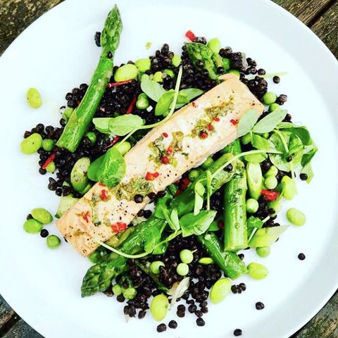 Roast Salmon With Chilli & Herbs, Served a Summer Vegetable & Lentil Salad