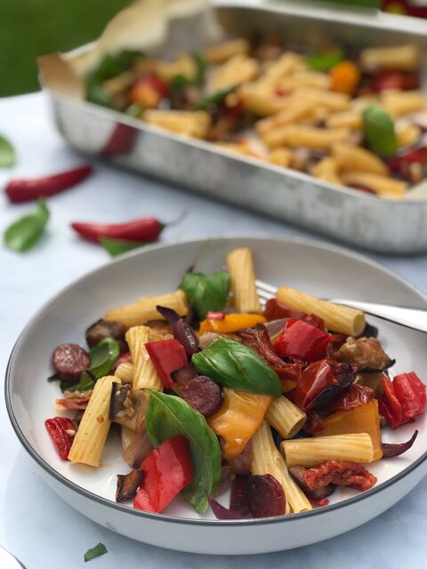 Roasted Vegetable & Chorizo Pasta
