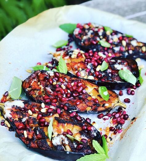 Rose Harissa Roasted Aubergine, with Tahini & Pomegranate