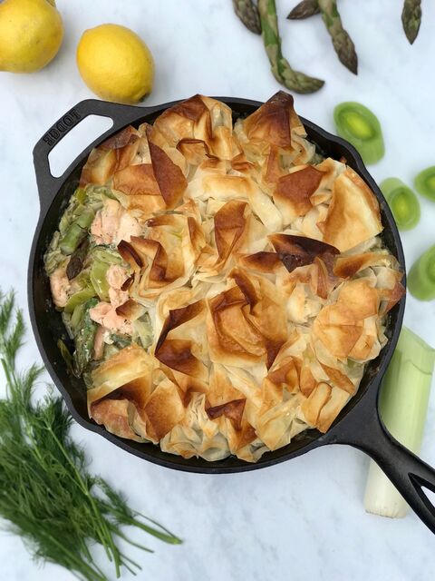 Salmon, Leek & Asparagus Filo Pie