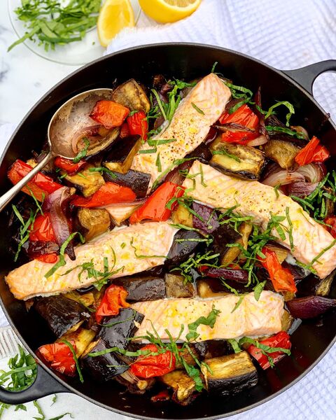 Salmon & Roasted Vegetable Traybake