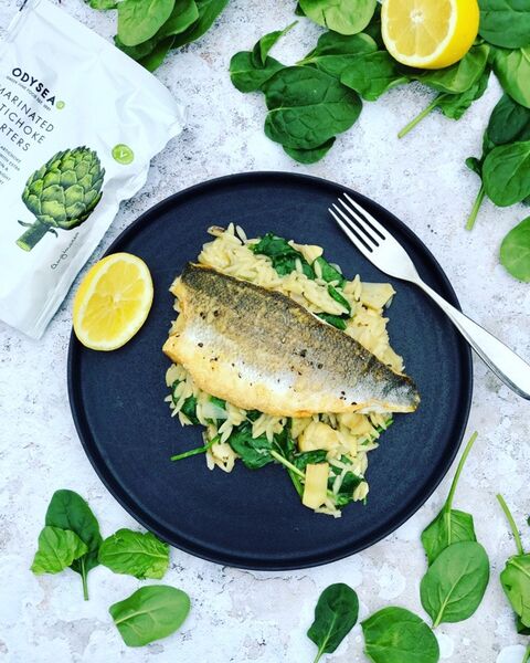 Sea Bass With Spinach & Artichoke Orzo Risotto