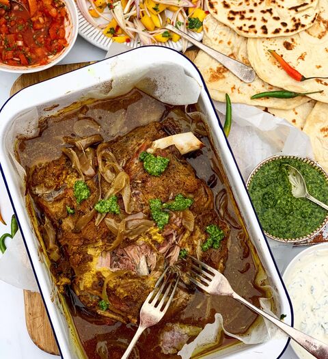 Slow Cooked Indian Spiced Lamb Shoulder with Coriander Chutney