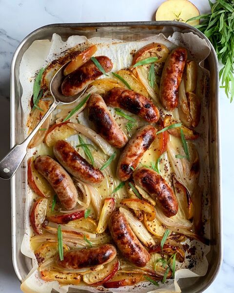 Sticky, Sausage, Apple, Mustard & Tarragon Traybake